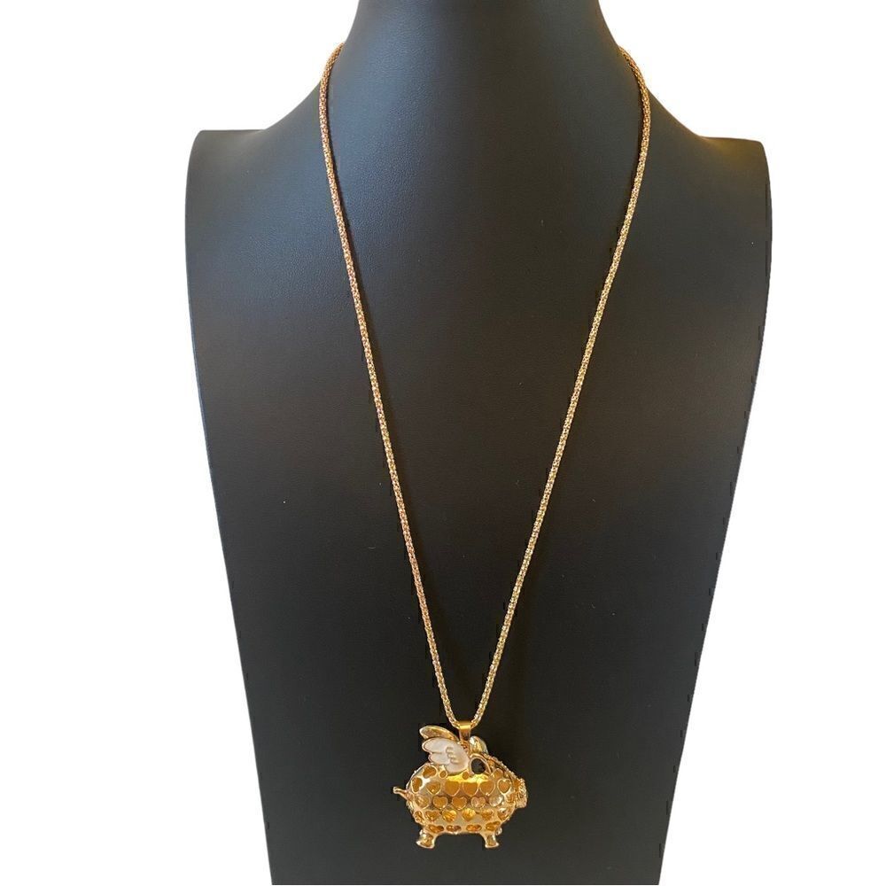 Sparkly Adorable Flying Pig Necklace on Long Gold Toned Chain. - Picture 6 of 8